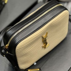Replica YSL Saint Laurent Lou Camera Bag In Raffia And Leather Apricot