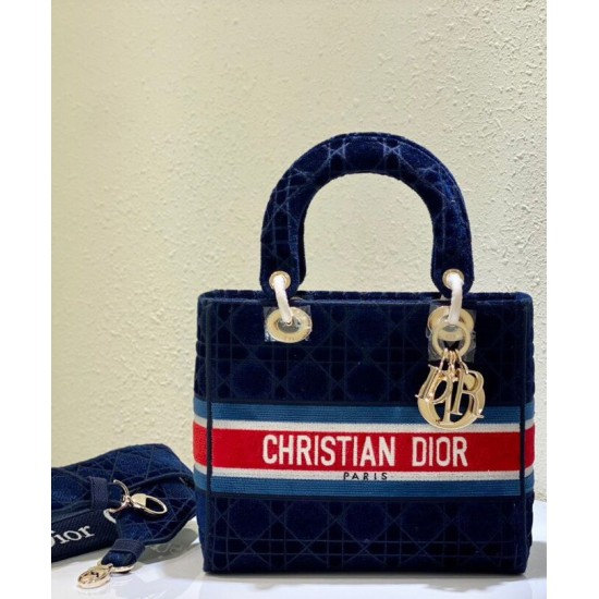 Replica Christian Dior Medium Lady D-lite Bag Velvet Cannage Embroidery Dark Blue Fake Christian Dior Medium Lady D-lite Bag Velvet Cannage Embroidery Dark Blue Replica