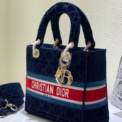 Fake Christian Dior Medium Lady D-lite Bag Velvet Cannage Embroidery Dark Blue Replica