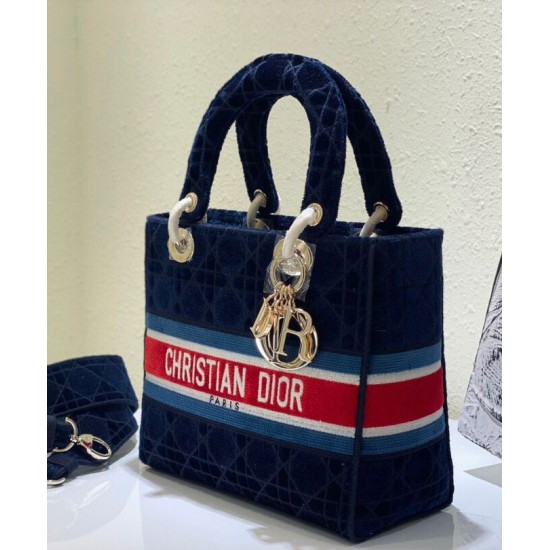 Replica Christian Dior Medium Lady D-lite Bag Velvet Cannage Embroidery Dark Blue Fake Christian Dior Medium Lady D-lite Bag Velvet Cannage Embroidery Dark Blue Replica