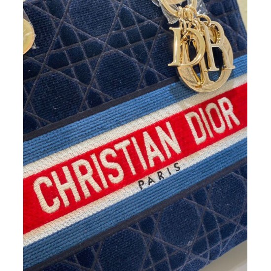 Replica Christian Dior Medium Lady D-lite Bag Velvet Cannage Embroidery Dark Blue Fake Christian Dior Medium Lady D-lite Bag Velvet Cannage Embroidery Dark Blue Replica