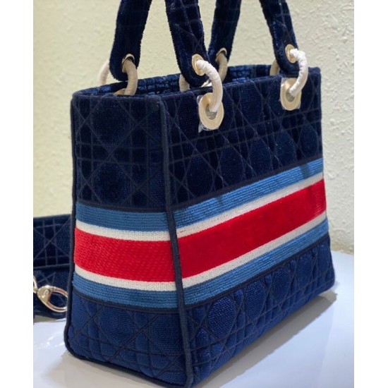 Replica Christian Dior Medium Lady D-lite Bag Velvet Cannage Embroidery Dark Blue Fake Christian Dior Medium Lady D-lite Bag Velvet Cannage Embroidery Dark Blue Replica