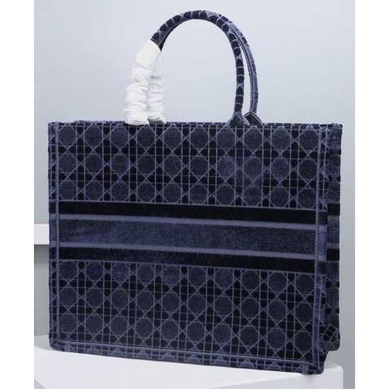 Fake Christian Dior Cannage Embroidered Velvet Dior Book Tote Dark Blue Replica Replica Christian Dior Cannage Embroidered Velvet Dior Book Tote Dark Blue