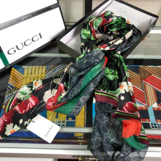 Replica Gucci Silk scarf with Flora Print 65 x 185cm Black