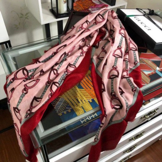 Replica Gucci Cashmere Scarf With Stirrups Print 140 x 140 Red