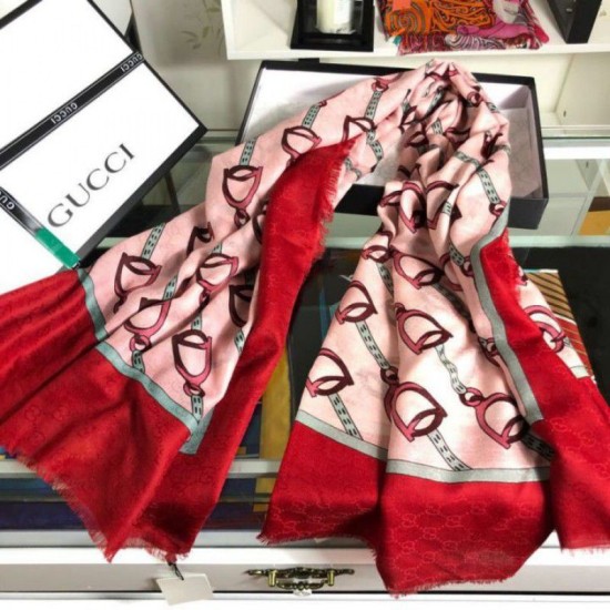 Replica Gucci Cashmere Scarf With Stirrups Print 140 x 140 Red