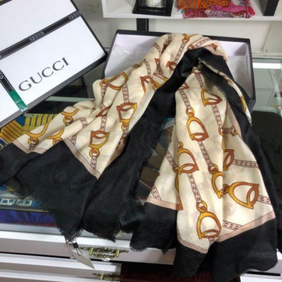 Fake Gucci Cashmere Scarf With Stirrups Print 140 x 140 Black Replica