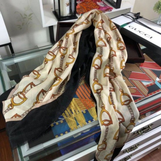 Fake Gucci Cashmere Scarf With Stirrups Print 140 x 140 Black Replica