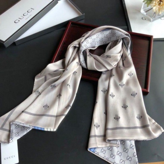 Replica Gucci Long Silk scarf with Bee Print 70 x 180cm Gray