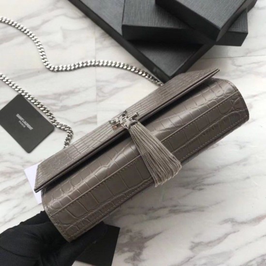Replica Saint Laurent Medium Kate Monogram Crocodile Leather Shoulder Bag Gray Replica Saint Laurent Medium Kate Monogram Crocodile Leather Shoulder Bag Gray