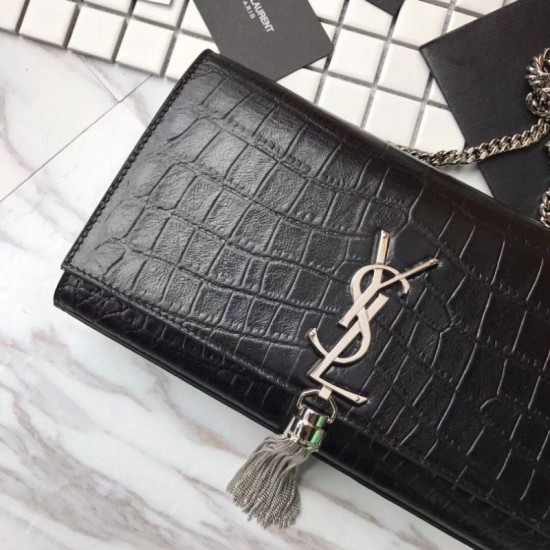 Replica Saint Laurent Medium Kate Monogram Crocodile Leather Shoulder Bag Black Fake Saint Laurent Medium Kate Monogram Crocodile Leather Shoulder Bag Black Replica
