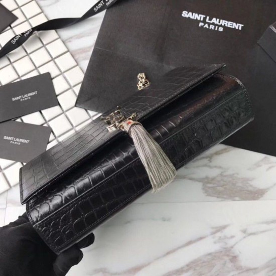 Replica Saint Laurent Medium Kate Monogram Crocodile Leather Shoulder Bag Black Fake Saint Laurent Medium Kate Monogram Crocodile Leather Shoulder Bag Black Replica