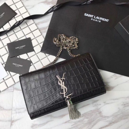 Replica Saint Laurent Medium Kate Monogram Crocodile Leather Shoulder Bag Black Fake Saint Laurent Medium Kate Monogram Crocodile Leather Shoulder Bag Black Replica