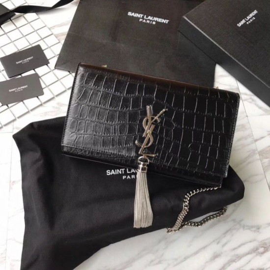 Replica Saint Laurent Medium Kate Monogram Crocodile Leather Shoulder Bag Black Fake Saint Laurent Medium Kate Monogram Crocodile Leather Shoulder Bag Black Replica