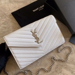 Replica YSL Saint Laurent Monogram Envelope Chain Wallet Grained Leather White