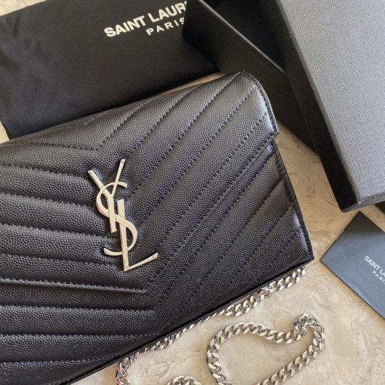 Replica YSL Saint Laurent Monogram Envelope Chain Wallet Grained Leather Black Silver Hardware Replica YSL Saint Laurent Monogram Envelope Chain Wallet Grained Leather Black Silver Hardware
