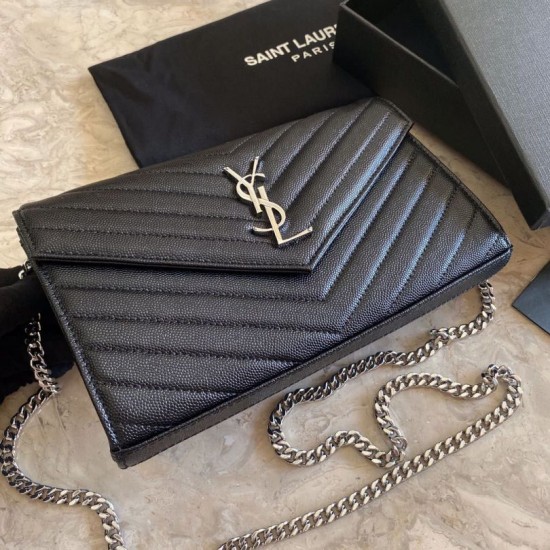 Replica YSL Saint Laurent Monogram Envelope Chain Wallet Grained Leather Black Silver Hardware Replica YSL Saint Laurent Monogram Envelope Chain Wallet Grained Leather Black Silver Hardware