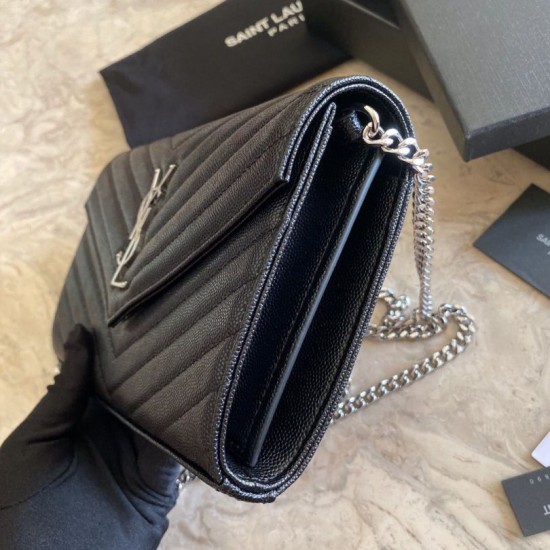 Replica YSL Saint Laurent Monogram Envelope Chain Wallet Grained Leather Black Silver Hardware Replica YSL Saint Laurent Monogram Envelope Chain Wallet Grained Leather Black Silver Hardware