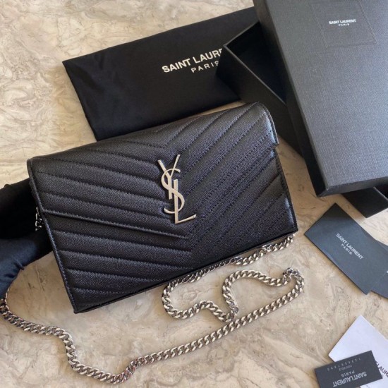 Replica YSL Saint Laurent Monogram Envelope Chain Wallet Grained Leather Black Silver Hardware Replica YSL Saint Laurent Monogram Envelope Chain Wallet Grained Leather Black Silver Hardware