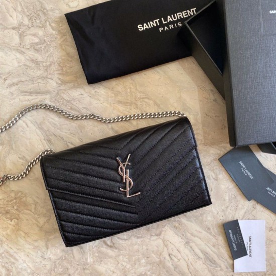 Replica YSL Saint Laurent Monogram Envelope Chain Wallet Grained Leather Black Silver Hardware Replica YSL Saint Laurent Monogram Envelope Chain Wallet Grained Leather Black Silver Hardware