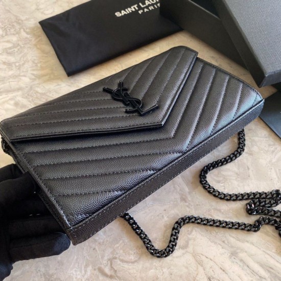 Fake YSL Saint Laurent Monogram Envelope Chain Wallet Grained Leather Black Black Hardware Replica Replica YSL Saint Laurent Monogram Envelope Chain Wallet Grained Leather Black Black Hardware