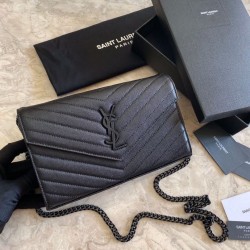 Replica YSL Saint Laurent Monogram Envelope Chain Wallet Grained Leather Black Black Hardware