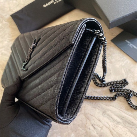 Fake YSL Saint Laurent Monogram Envelope Chain Wallet Grained Leather Black Black Hardware Replica Replica YSL Saint Laurent Monogram Envelope Chain Wallet Grained Leather Black Black Hardware