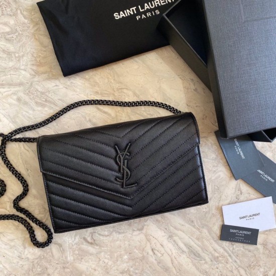 Fake YSL Saint Laurent Monogram Envelope Chain Wallet Grained Leather Black Black Hardware Replica Replica YSL Saint Laurent Monogram Envelope Chain Wallet Grained Leather Black Black Hardware
