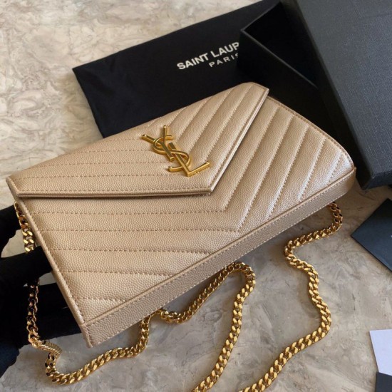 Fake YSL Saint Laurent Monogram Envelope Chain Wallet Grained Leather Apricot Replica Replica YSL Saint Laurent Monogram Envelope Chain Wallet Grained Leather Apricot