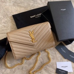 Replica YSL Saint Laurent Monogram Envelope Chain Wallet Grained Leather Apricot
