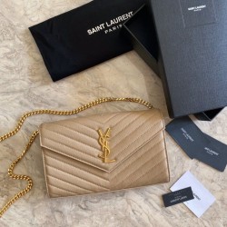 Replica YSL Saint Laurent Monogram Envelope Chain Wallet Grained Leather Apricot