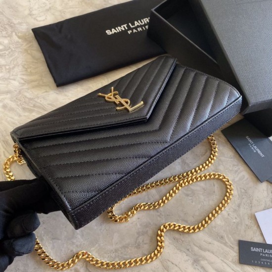 Fake YSL Saint Laurent Monogram Envelope Chain Wallet Grained Leather Black Gold Hardware Replica Replica YSL Saint Laurent Monogram Envelope Chain Wallet Grained Leather Black Gold Hardware
