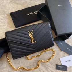 Replica YSL Saint Laurent Monogram Envelope Chain Wallet Grained Leather Black Gold Hardware