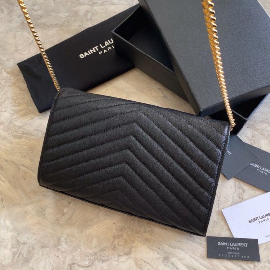 Fake YSL Saint Laurent Monogram Envelope Chain Wallet Grained Leather Black Gold Hardware Replica Replica YSL Saint Laurent Monogram Envelope Chain Wallet Grained Leather Black Gold Hardware
