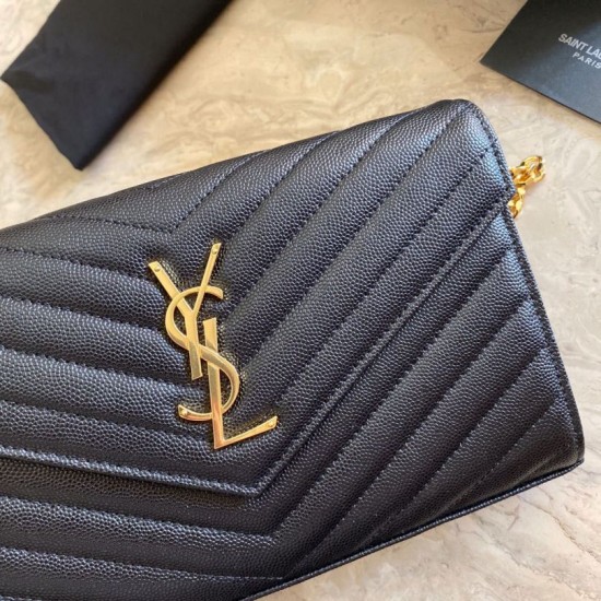 Fake YSL Saint Laurent Monogram Envelope Chain Wallet Grained Leather Black Gold Hardware Replica Replica YSL Saint Laurent Monogram Envelope Chain Wallet Grained Leather Black Gold Hardware