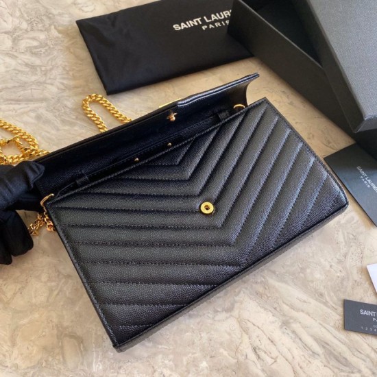 Fake YSL Saint Laurent Monogram Envelope Chain Wallet Grained Leather Black Gold Hardware Replica Replica YSL Saint Laurent Monogram Envelope Chain Wallet Grained Leather Black Gold Hardware