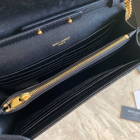 Fake YSL Saint Laurent Monogram Envelope Chain Wallet Grained Leather Black Gold Hardware Replica Replica YSL Saint Laurent Monogram Envelope Chain Wallet Grained Leather Black Gold Hardware