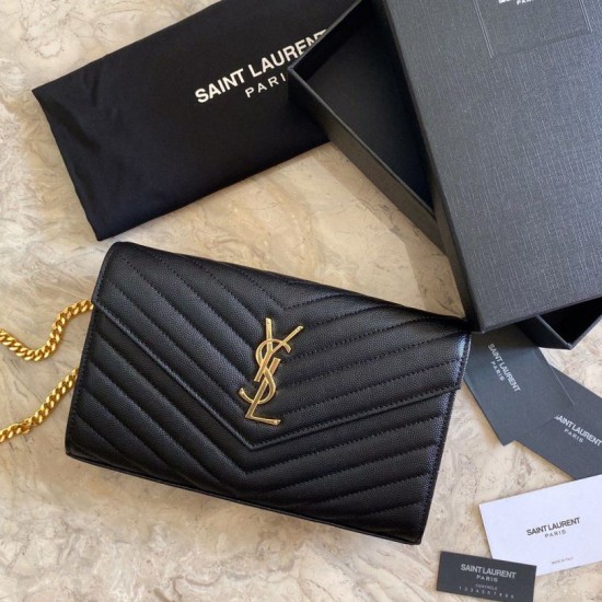 Fake YSL Saint Laurent Monogram Envelope Chain Wallet Grained Leather Black Gold Hardware Replica Replica YSL Saint Laurent Monogram Envelope Chain Wallet Grained Leather Black Gold Hardware
