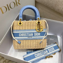 Replica Dior Medium Lady Dior Bag In Wicker and Light Blue Oblique Jacquard Replica Dior Medium Lady Dior Bag In Wicker and Light Blue Oblique Jacquard