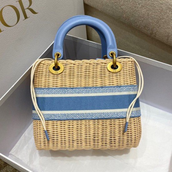 Replica Dior Medium Lady Dior Bag In Wicker and Light Blue Oblique Jacquard Replica Dior Medium Lady Dior Bag In Wicker and Light Blue Oblique Jacquard