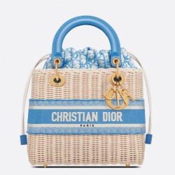 Replica Dior Medium Lady Dior Bag In Wicker and Light Blue Oblique Jacquard