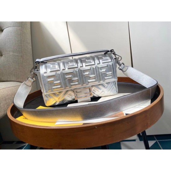 Replica Fendi Baguette Medium Bag With FF Motif Silver Replica Fendi Baguette Medium Bag With FF Motif Silver