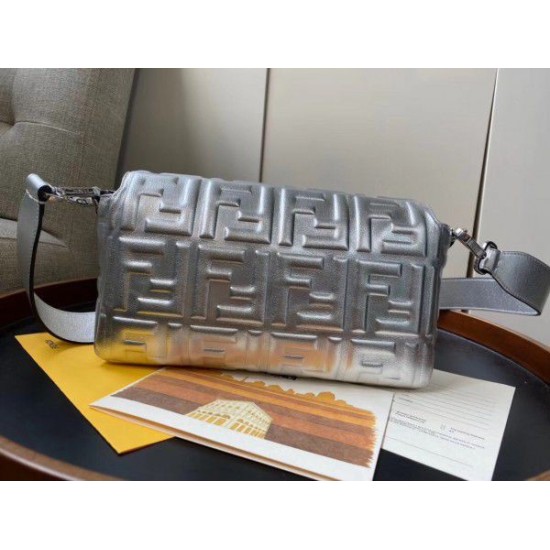 Replica Fendi Baguette Medium Bag With FF Motif Silver Replica Fendi Baguette Medium Bag With FF Motif Silver