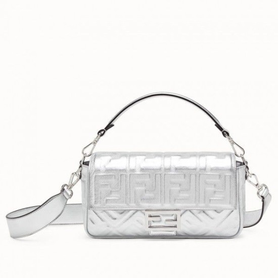 Replica Fendi Baguette Medium Bag With FF Motif Silver Replica Fendi Baguette Medium Bag With FF Motif Silver