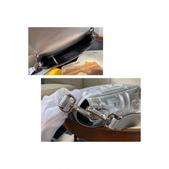 Replica Fendi Baguette Medium Bag With FF Motif Silver Replica Fendi Baguette Medium Bag With FF Motif Silver