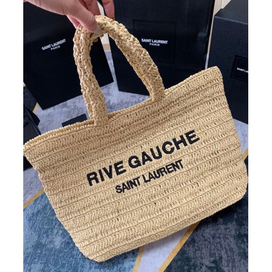 Replica YSL Saint Laurent Rive Gauche Supple Tote Bag In Raffia Crochet Apricot