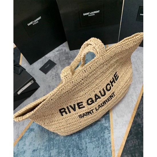 Replica YSL Saint Laurent Rive Gauche Supple Tote Bag In Raffia Crochet Apricot