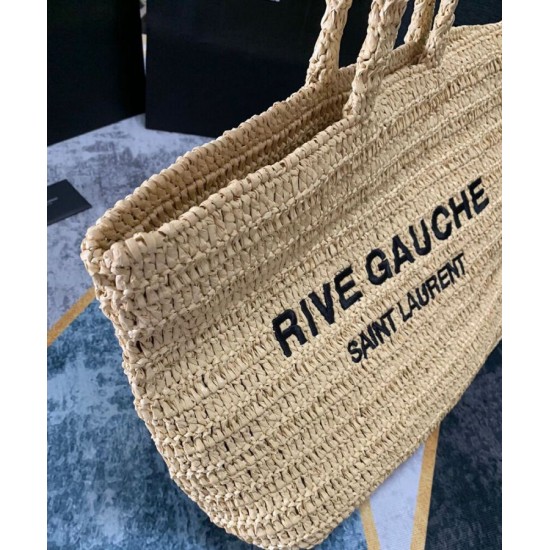 Replica YSL Saint Laurent Rive Gauche Supple Tote Bag In Raffia Crochet Apricot