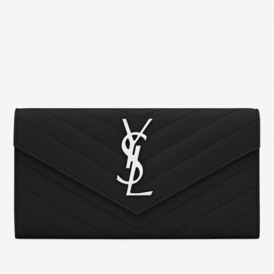Fake YSL Saint Laurent Large Monogram Flap Wallet Black Silver Replica Fake YSL Saint Laurent Large Monogram Flap Wallet Black Silver Replica