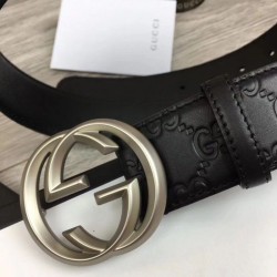 Replica Gucci Signature Men Belt With G Buckle Black 411924 Silver Hardware